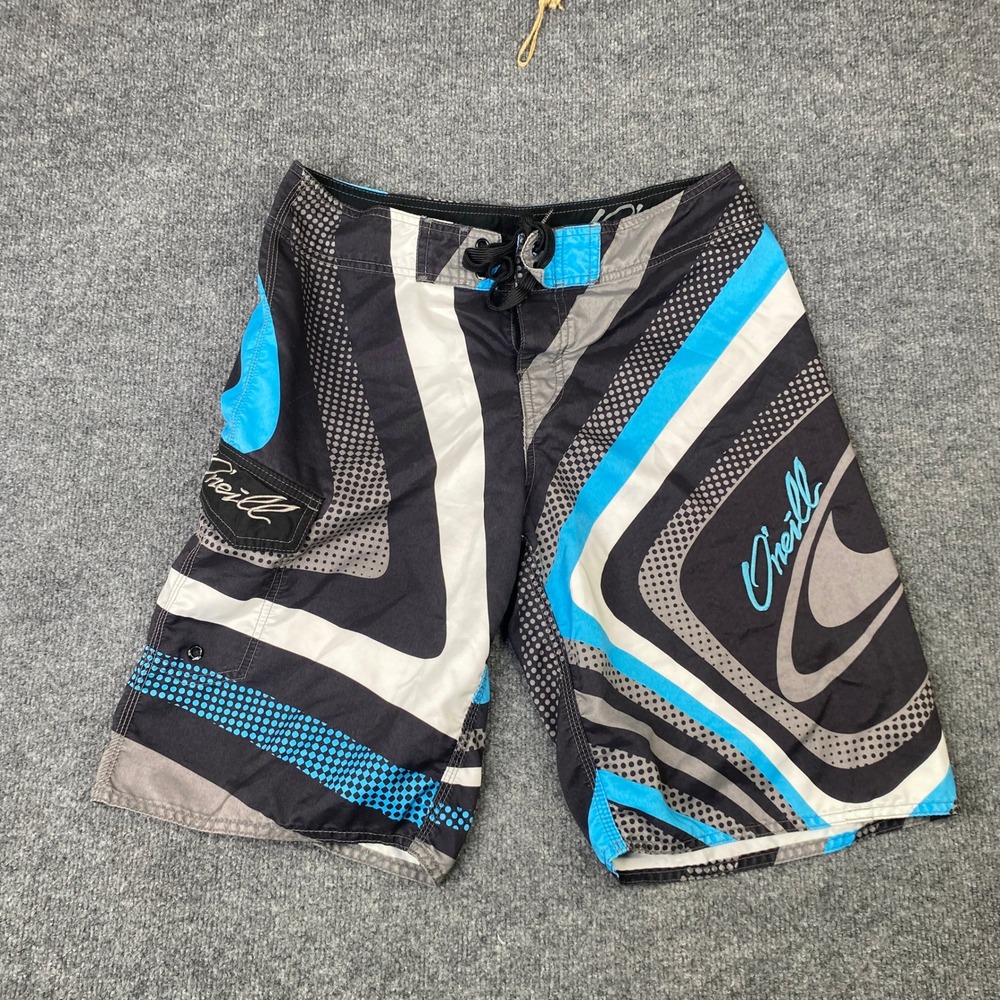 VTG ONeill Board Shorts Blue Black White Geometric Print Swim Trunks Size 32